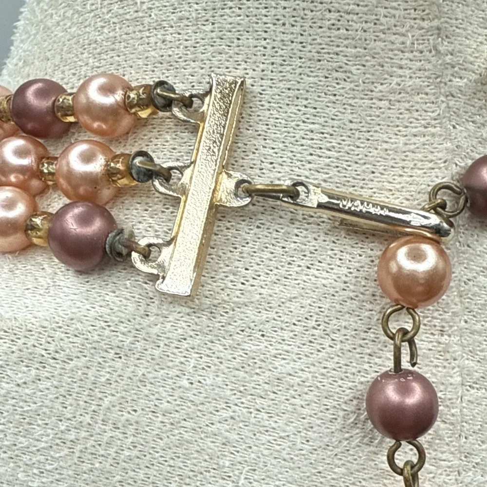 Vintage Japan Triple Strand Faux Pearl Necklace Peach Brown Orange 17-19 inches